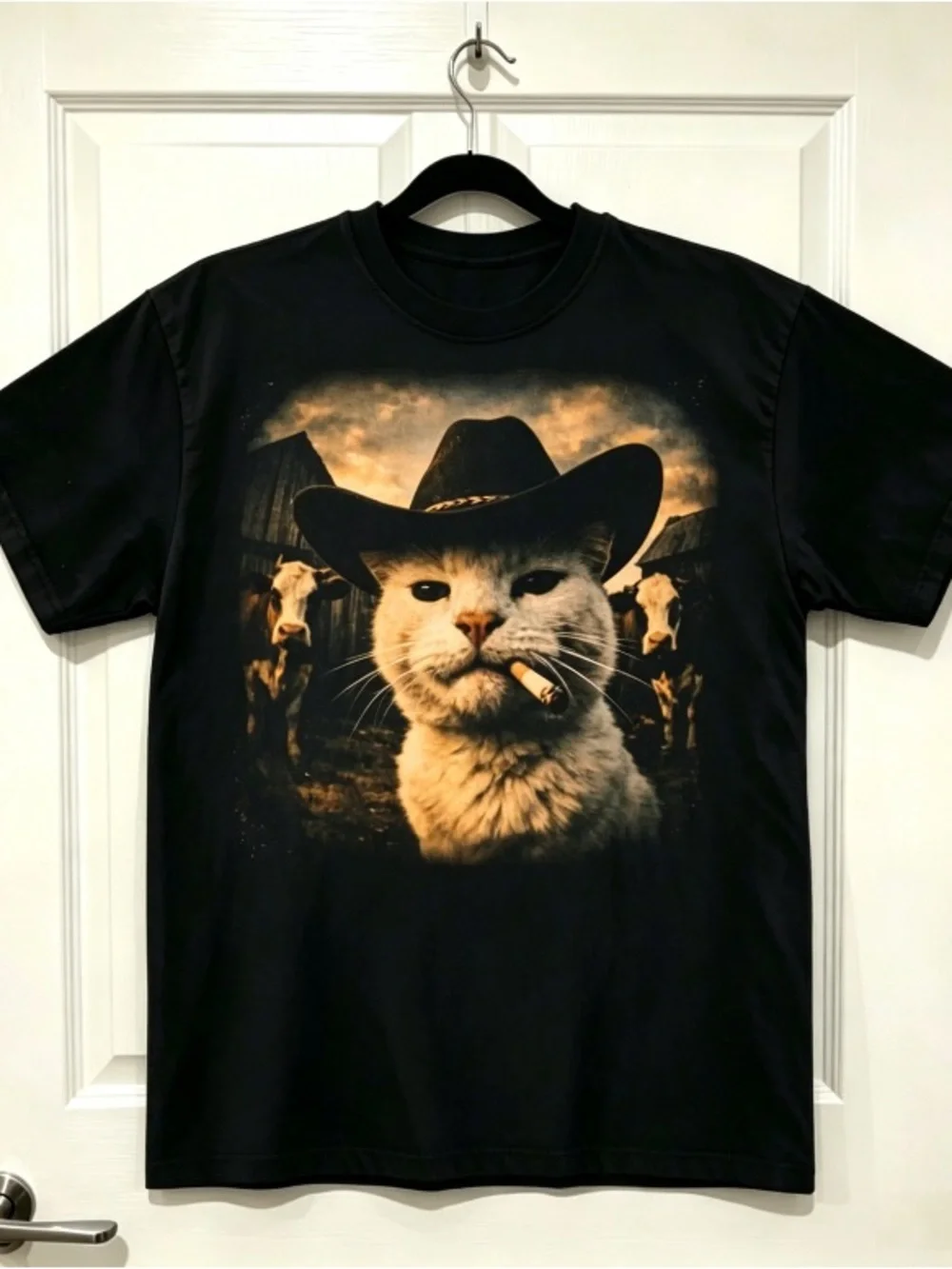 Western Cowboy Smoking Cat Printed Black Short sleeved T-shirt Unisex
